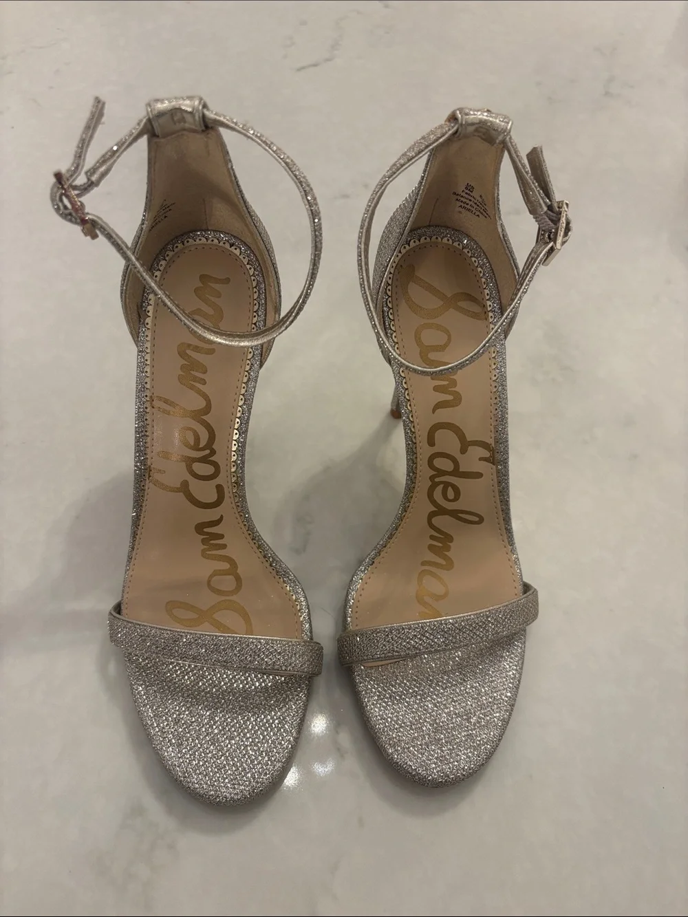 Sam Edelman Silver Glitter Ankle-Strap Stiletto heels